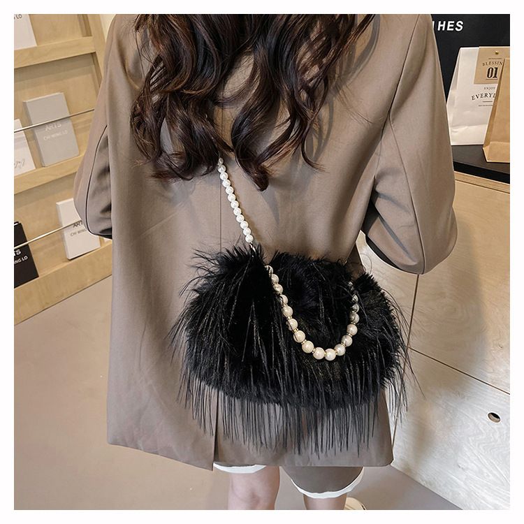 Borsa a tracolla con tracolla in stile fata, piccola borsa quadrata con catena di perle di peluche di grande capacità_voghion.com