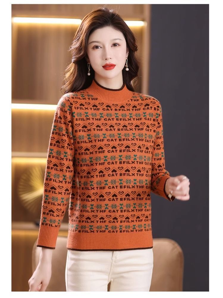 Verdickter Pullover für Damen im Winter, halbhoher Hals, modischer und stylischer Jacquard-Farbblock-Kurzstil, locker_voghion.com