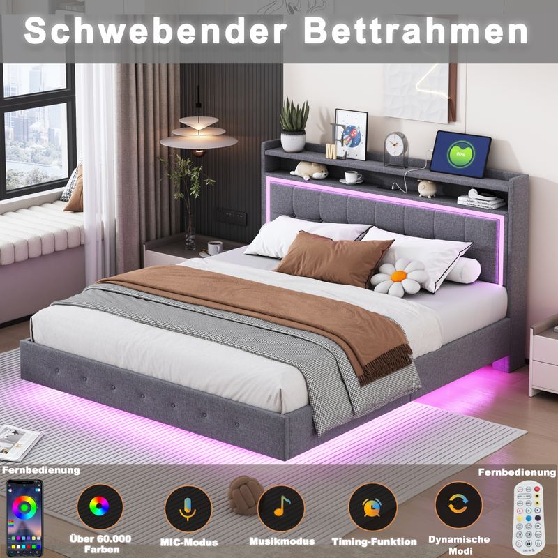 Polsterbett 160x200cm Con USB, LED, Fußen Versteckten, Leinenstoff Grau_voghion.com