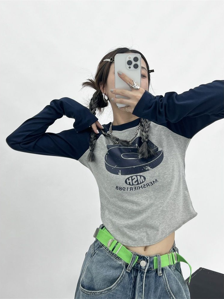 HOUZHOU Vintage Y2K Patchwork Groene T-shirts Vrouwen Hippie Streetwear T-shirts met lange mouwen Vrouwelijke Kpop Retro Herfst Crop_voghion.com