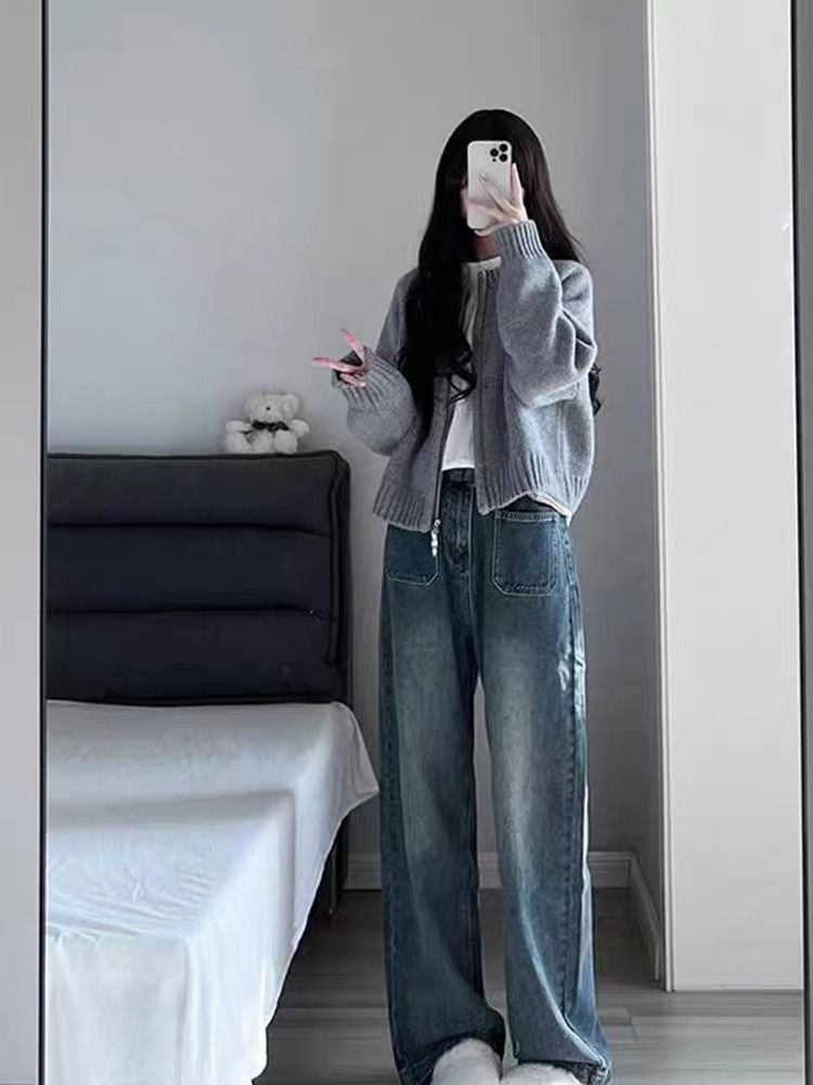 Herbst und Winter neue Mode zweiteiliges Set für Damen grau kurze Pullover Jacke Strickjacke lässig Denim breite Beinhose_voghion.com