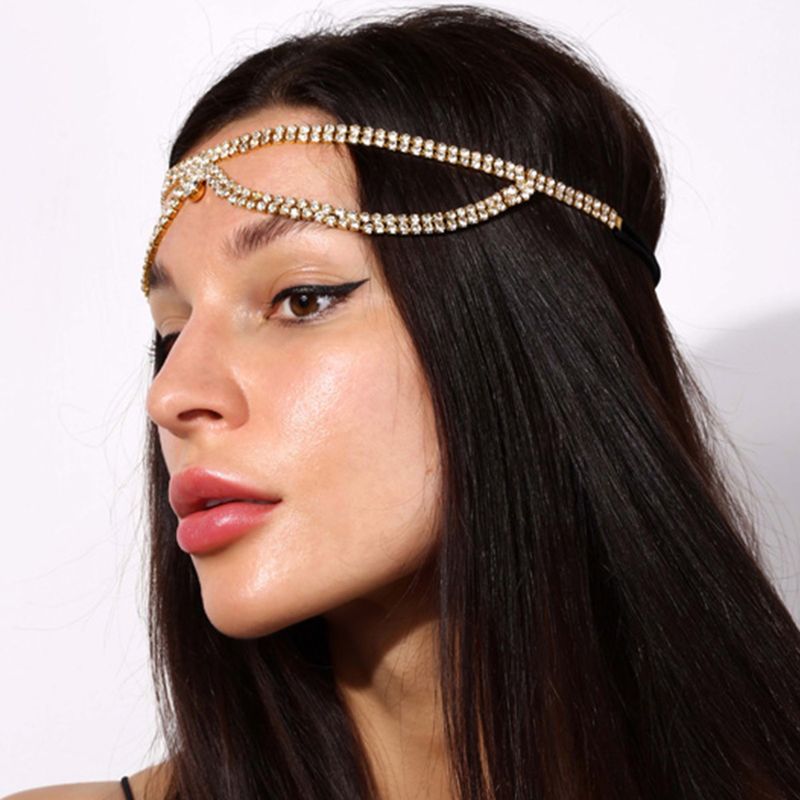 fascia elastica di lusso con strass a doppio strato, da sposa, da sposa, con catena per capelli in cristallo abbinata, copricapo, copricapo_voghion.com