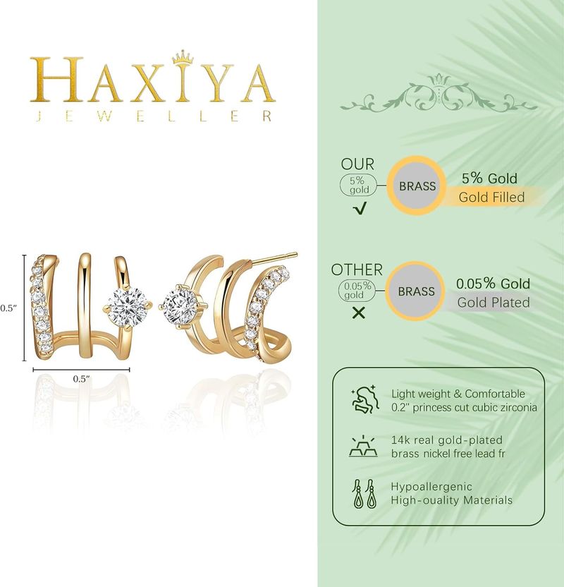 14K Gold Plated Hoop Earrings For Women Triple Huggie Illusion Stud Earring_voghion.com