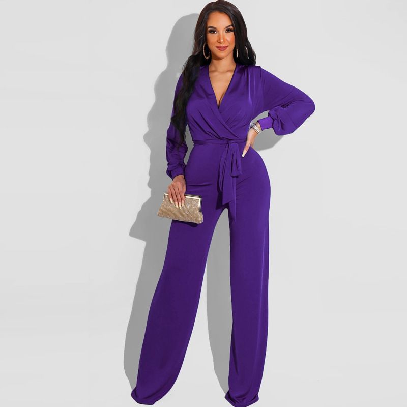 Tuta casual tinta unita con scollo a V e cintura annodata in vita, nuova da donna, autunno e inverno_voghion.com