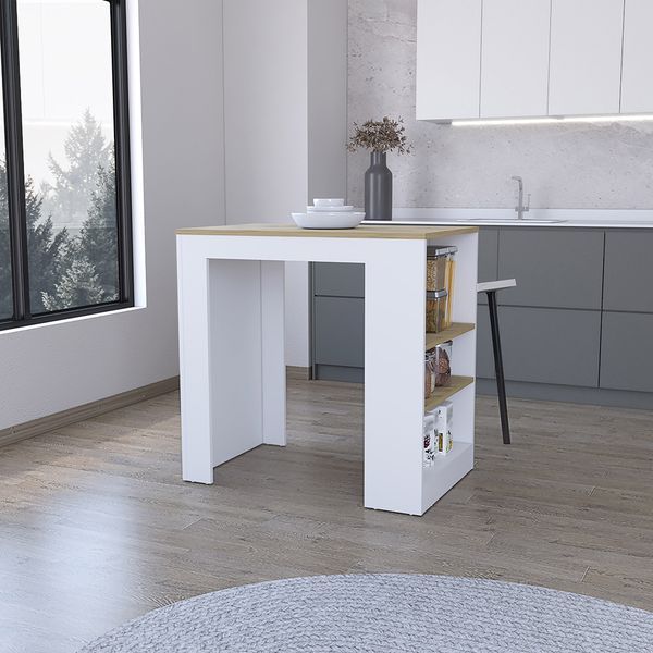 Kitchen Island Doyle, Three Side Shelves, White And Light Oak Finish_voghion.com