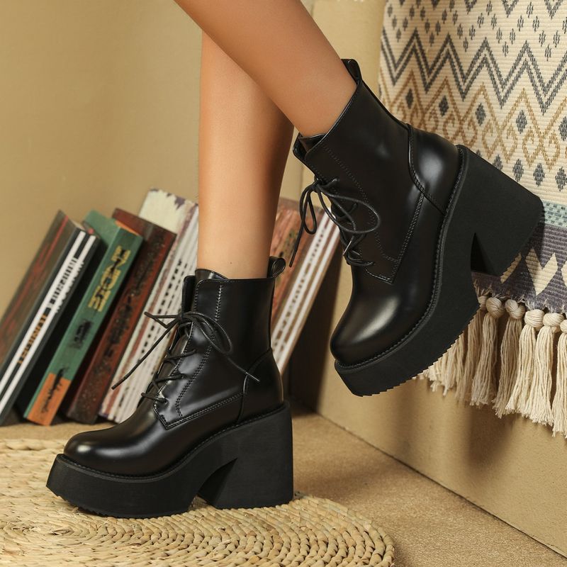 New Martin with Slope Heel, Thick Comfortable and Versatile, Strap up, Sponge Cake Bottom, Black Women's Short Boots_voghion.com