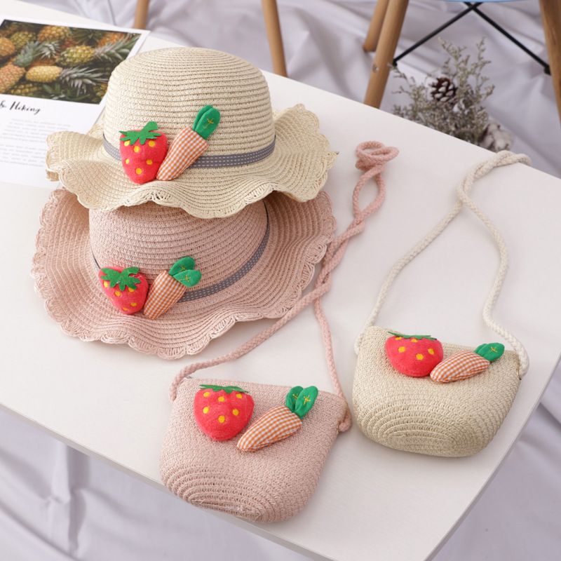 Vendita calda ragazze paglia turismo fiore bambini cappello da sole e borsa set bambino all'aperto largo tesa secchio cappelli set_voghion.com
