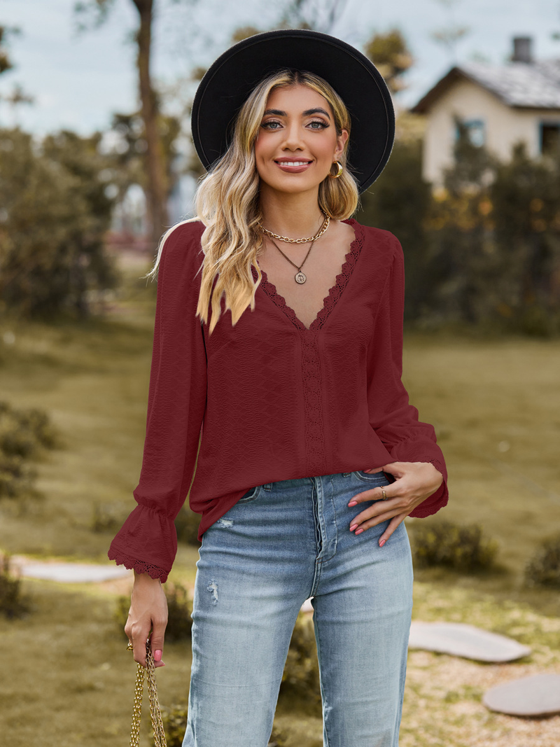 T-shirt da donna jacquard con scollo a V e top a maniche lunghe con impunture in pizzo_voghion.com
