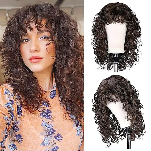 Synthetische Perücke für Damen, braunes, kleines, langes, lockiges Haar, schwarze synthetische Faser, volle Kopfbedeckung_voghion.com