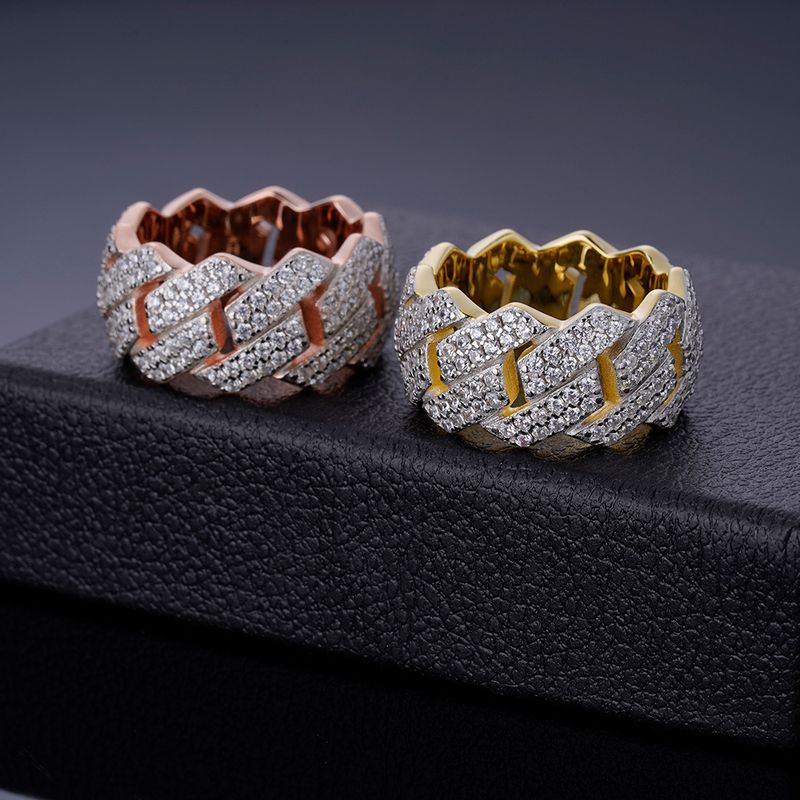 Hip Hop Ins Popular Style Silver Full Diamond Jewelry Curved Cuban Chain Cluster Zircon Trendy Ring For Men_voghion.com