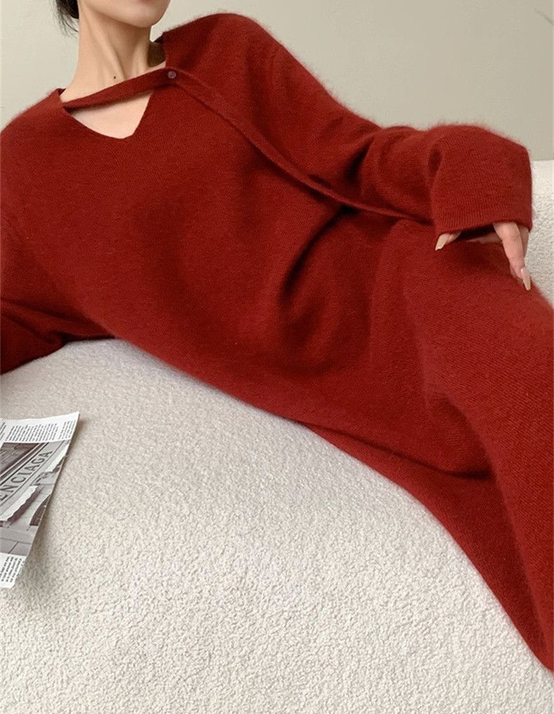 Gestrickter Herbst-Winter-Mantel im französischen Stil mit schmaler Taille und innerer Schichtbasis, langer, weicher Pullover mit V-Ausschnitt_voghion.com