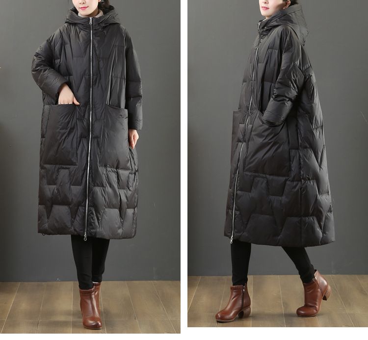 Dammekleeder Grouss Gréissten locker literaresch Laangärm Kapuzenjacket Wanter Neie Stil Iwwer de Knéi Wäiss Entendaun Dënn Daunjacket Trend_voghion.com