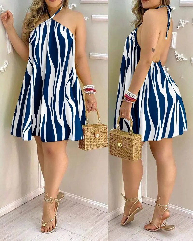 2025 Summer Printed Shoulder Hanging Neck Strap Loose Women's Dress For Women_voghion.com