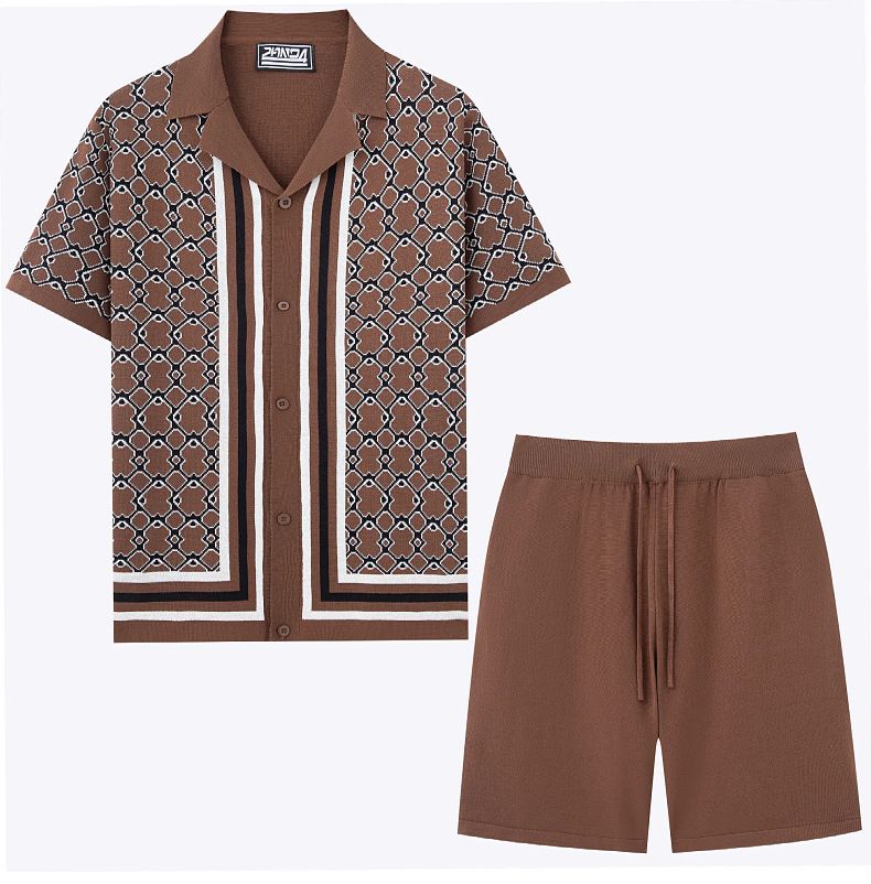 Completo da uomo in maglia Jacquard con colletto cubano e maniche corte, SY0196_voghion.com