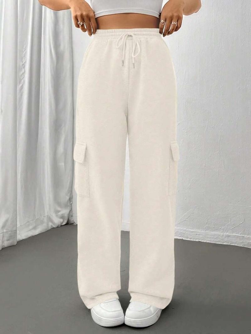 Pantalones cargo para mujer, estilo jogger, cintura alta, cordón ajustable, pierna ancha, informales, con múltiples bolsillos, estilo urbano, negro/beige/gris claro._voghion.com