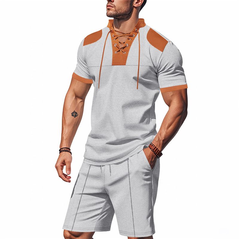Cross-border Independent Station American Summer Casual Men's Tether Loose Henry Western Denim Waffle Short Sleeve Suit_voghion.com