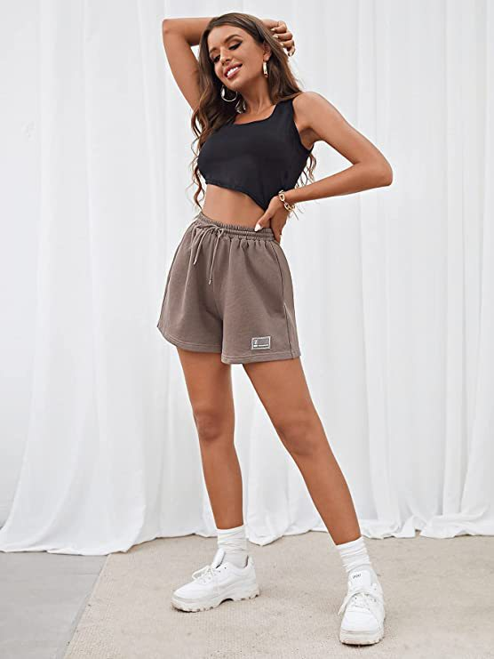 Abbigliamento da donna Pantaloncini larghi casual legati in maglia sportiva in tinta unita_voghion.com