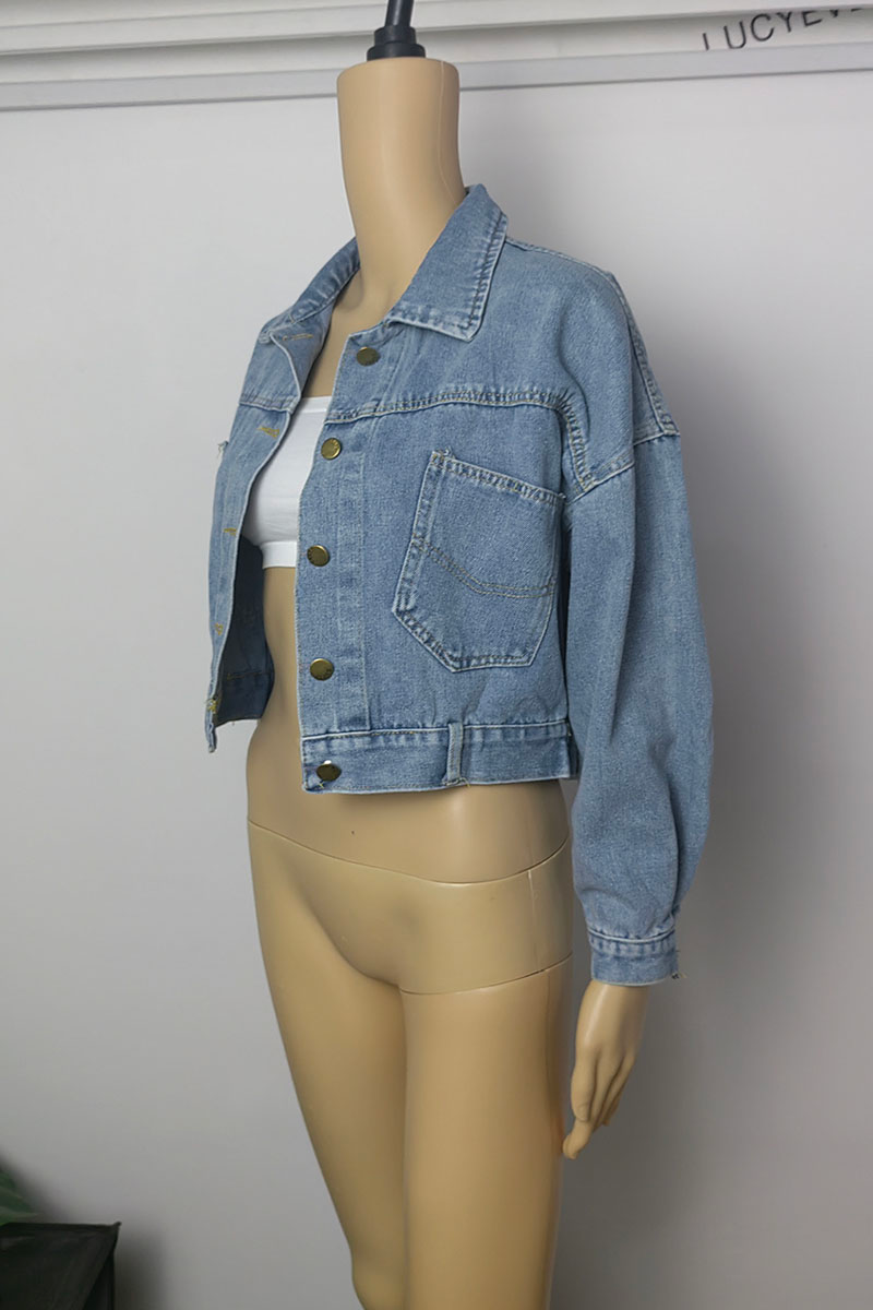 Xpqbb Chaqueta vaquera recortada para mujer, moda coreana, chaqueta bomber con botones divididos en la espalda, chaqueta vaquera de manga larga con solapa para mujer_voghion.com