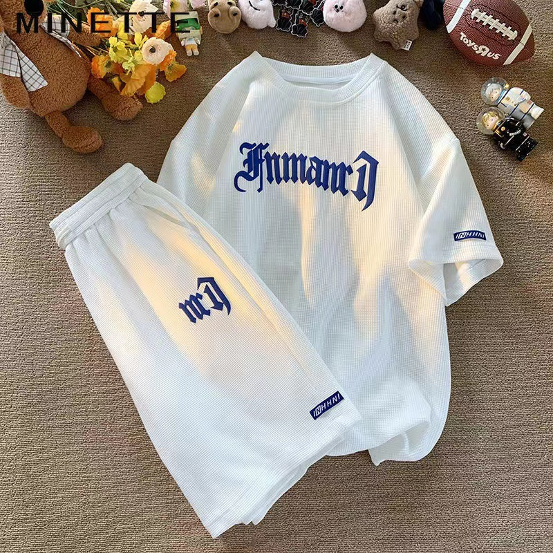 Roupas masculinas Waffle Casual Terno Masculino Verão Gelo Seda Manga Curta T Shirt Conjunto Com Esportes_voghion.com