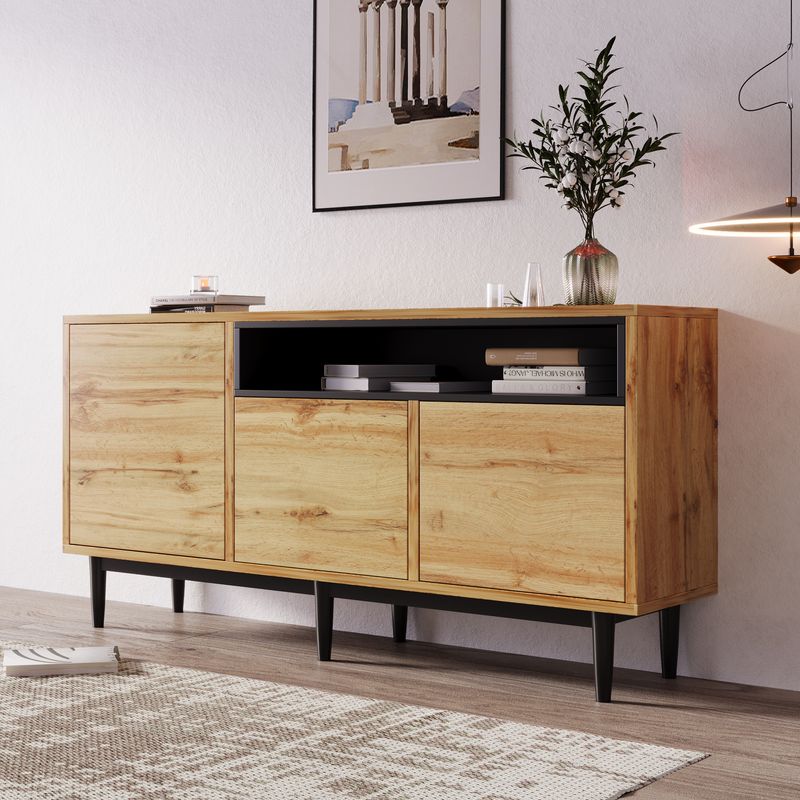 Buffet moderne en bois avec 3 portes et étagères, 160 x 35 x 76 cm, design compact, montage facile, robuste et fiable._voghion.com