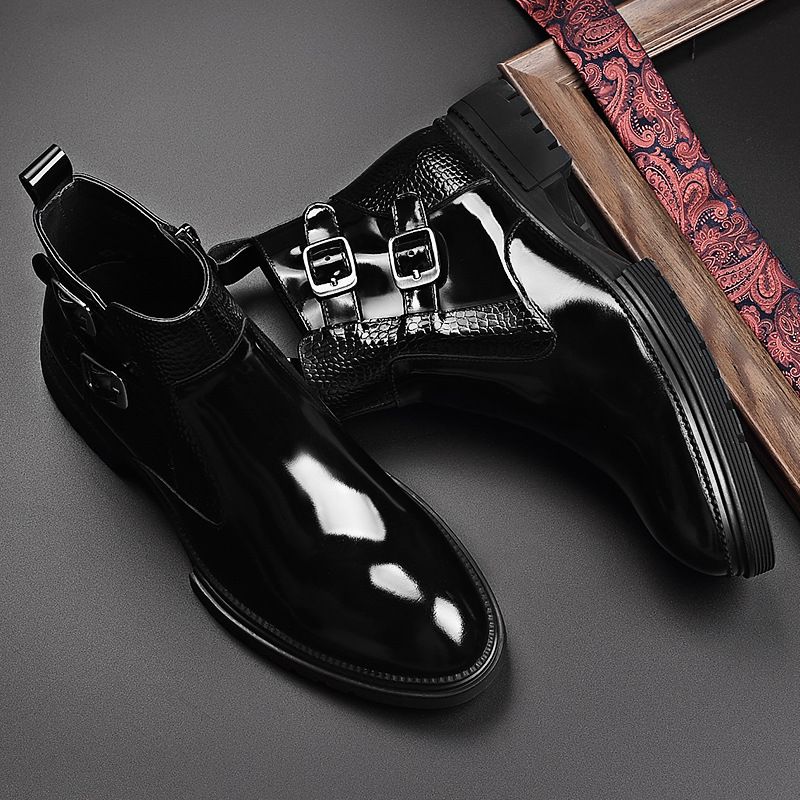 Herenschoenen leren laarzen heren korte laarzen dikke zool grote kop ronde laarzen_voghion.com