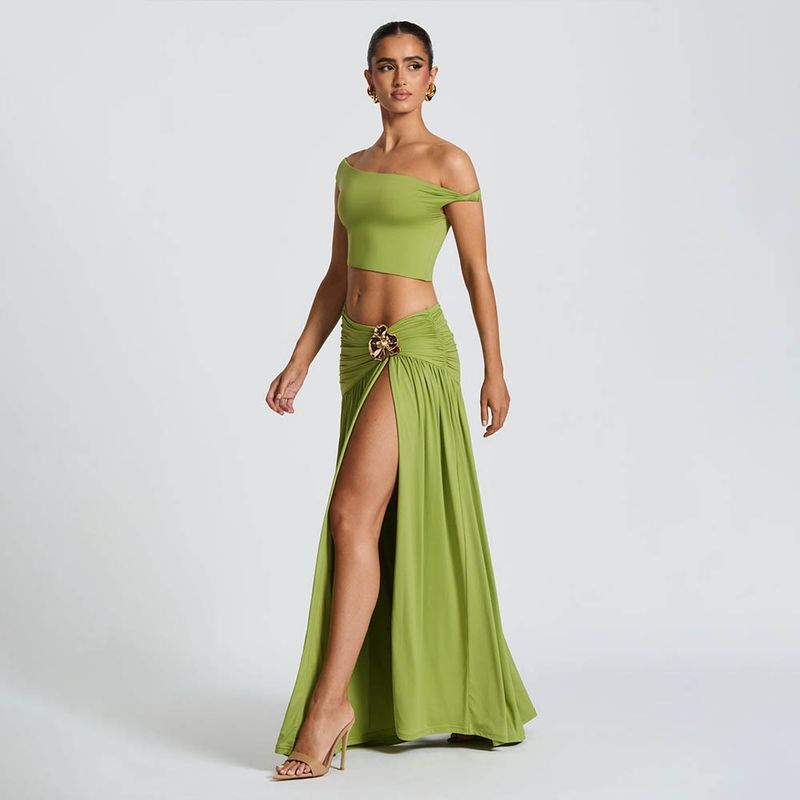 Terno de roupas femininas, top tubo sexy, colete, cor sólida, fenda, saia longa, terno de duas peças_voghion.com