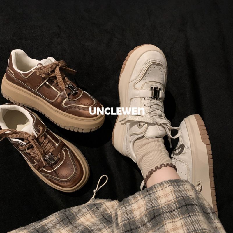 Leather Casual Skateboard White With Thick Sole Increased Height, Soft Cowhide Breathable Bread And Sponge Cake, German_voghion.com
