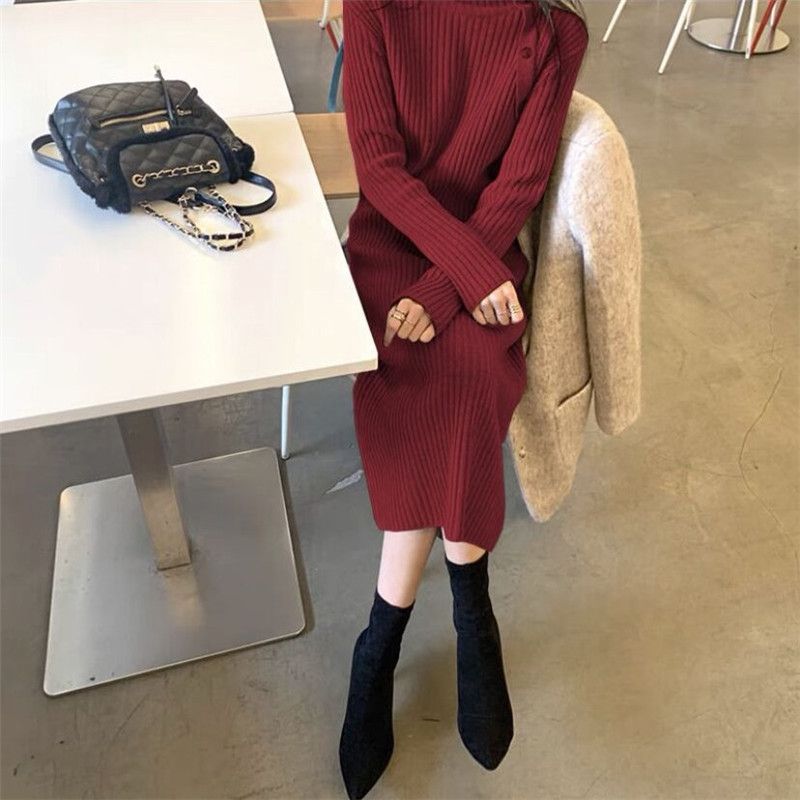 2025 Herbstpullover mit Mantel, hoher Halsausschnitt, mittellanges, geripptes Basiskleid mit innerer Schicht_voghion.com