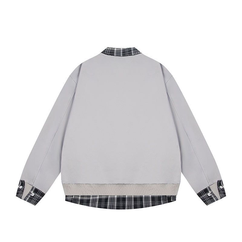National Trend Brand Heavy Craft Design Layered Two-Piece Color-Block Plaid Zipper Oversize Cardigan Jacket_voghion.com