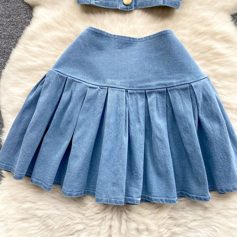 Damenbekleidung Retro Hot Girl Style Anzug Kurzes Camisole Vielseitiger Minirock Denim Zweiteiliger Anzug_voghion.com