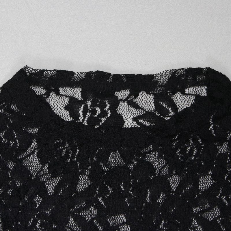 Elegante completo in pizzo da due pezzi: top trasparente aderente e pantaloni con elastico in vita per donna_voghion.com