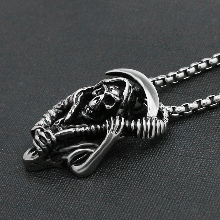 Exquisite Fashion Creative Scythe Cloak Death Skull Pendant Necklace Men Stainless Steel Retro Unique Design Jewelry_voghion.com