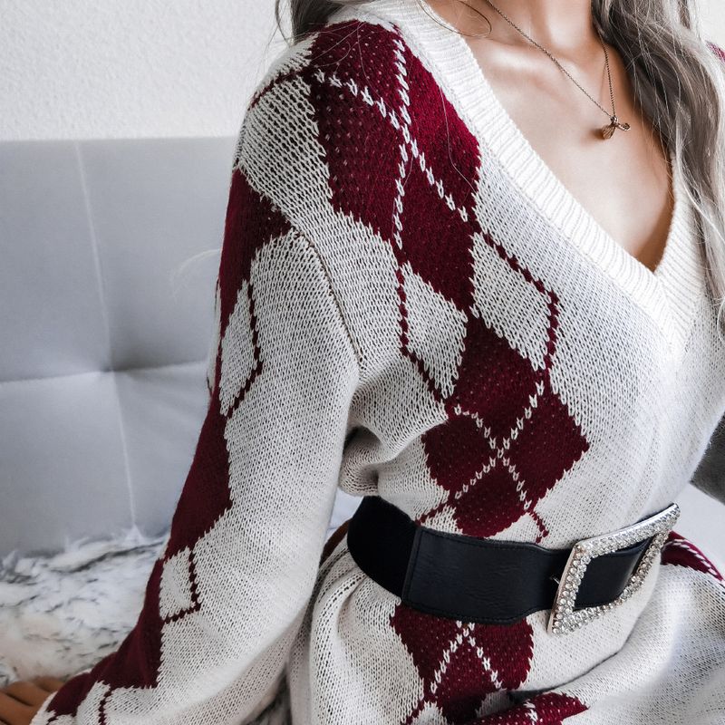 Gonna in maglia a rombi in stile college da donna, abito lavorato a maglia da donna_voghion.com
