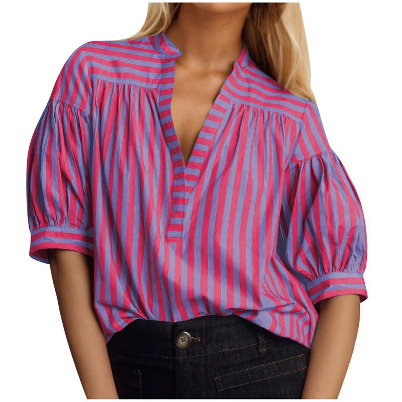 Camicia da donna a maniche corte, a righe, ampia e versatile, nuova moda 2025_voghion.com