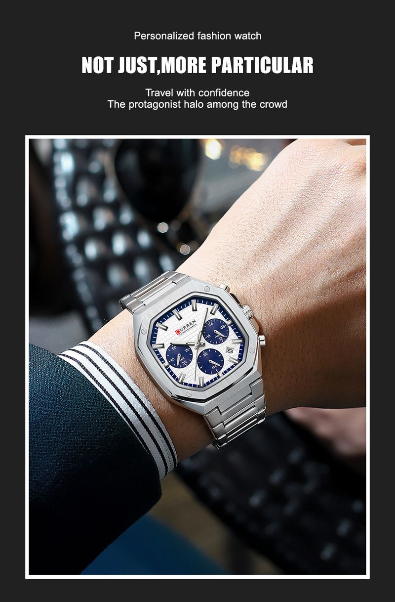 CURREN Orologio cronografo da uomo in acciaio inossidabile con quadrante quadrato e data, design di ispirazione vintage, al quarzo_voghion.com