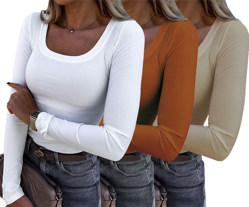 Women's Clothing Long Sleeved Slim Elastic Round Neck Ribbed T Shirt Casual Basic Tops_voghion.com