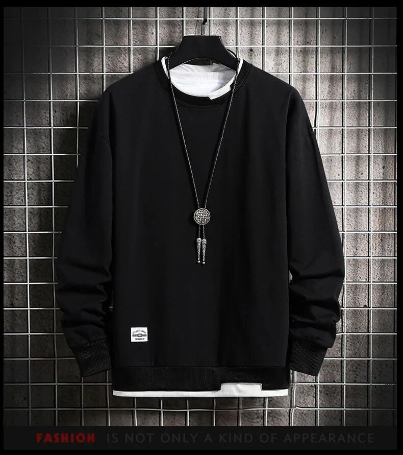 Hommes pulls décontractés à capuche hommes faux deux pièces Multi couleur col rond mode Harajuku Style mâle sweat 2023 nouveau_voghion.com