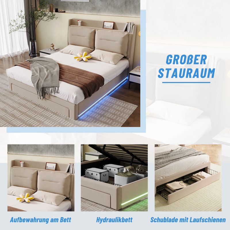 Lampada da parete con luce a LED, 140*200, Lampada idraulica, Lampada da parete 2 in 1 sulla superficie, Lattenrost, Ohne Matratze, Samt, Beige_voghion.com