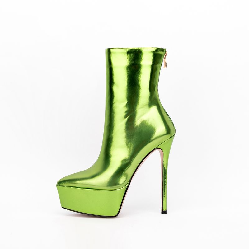 Pointed Toe Laser Patent Leather Waterproof Platform Short Stiletto High Heel Bare Performance Stage Show Elastic Boots_voghion.com