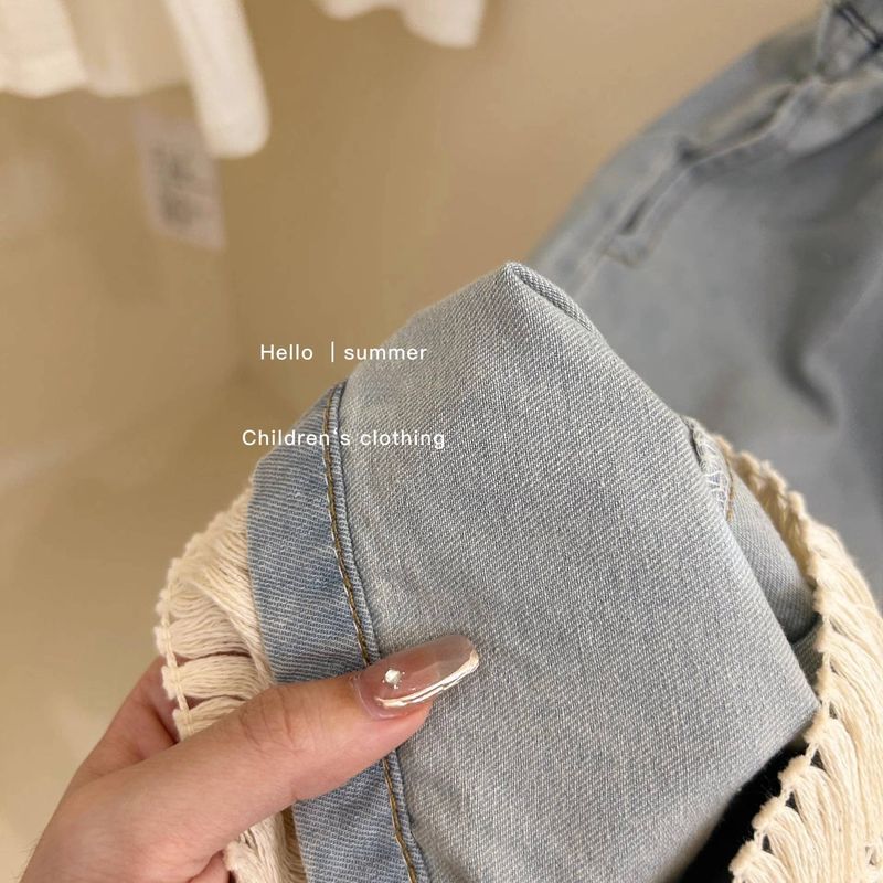 Ropa para niños Traje de diseño retro para niñas Chaleco corto con borlas de crochet de verano Top de jeans de pierna ancha Traje de dos piezas de moda_voghion.com
