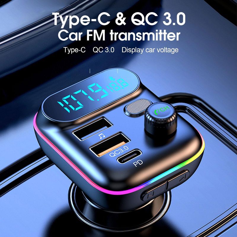 Car Fast Bluetooth 5.0 FM Transmitter PD Dual Player Music Type-C Colorful Ambient MP3 Light Cigarette Lighter USB C0E3_voghion.com
