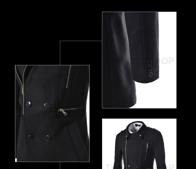 Winter neuer mittellanger, schmal geschnittener Windbreaker-Wollmantel für Herren im koreanischen Stil mit mehreren Reißverschlüssen_voghion.com