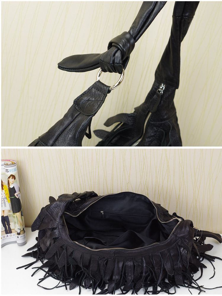 Bolso de piel nuevo para mujer, bolso hobo personalizado con borlas de rayas negras, suave y casual para mujer, bolso de hombro, bolso de piel de oveja para mujer_voghion.com