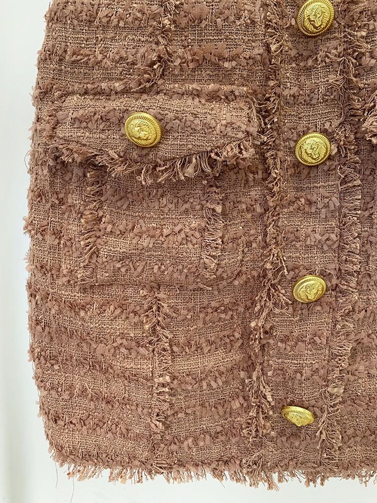 Damenbekleidung Spot New Star Fashion Lion Button Tassel Edge Tweed Weste Hosenträgerkleid_voghion.com