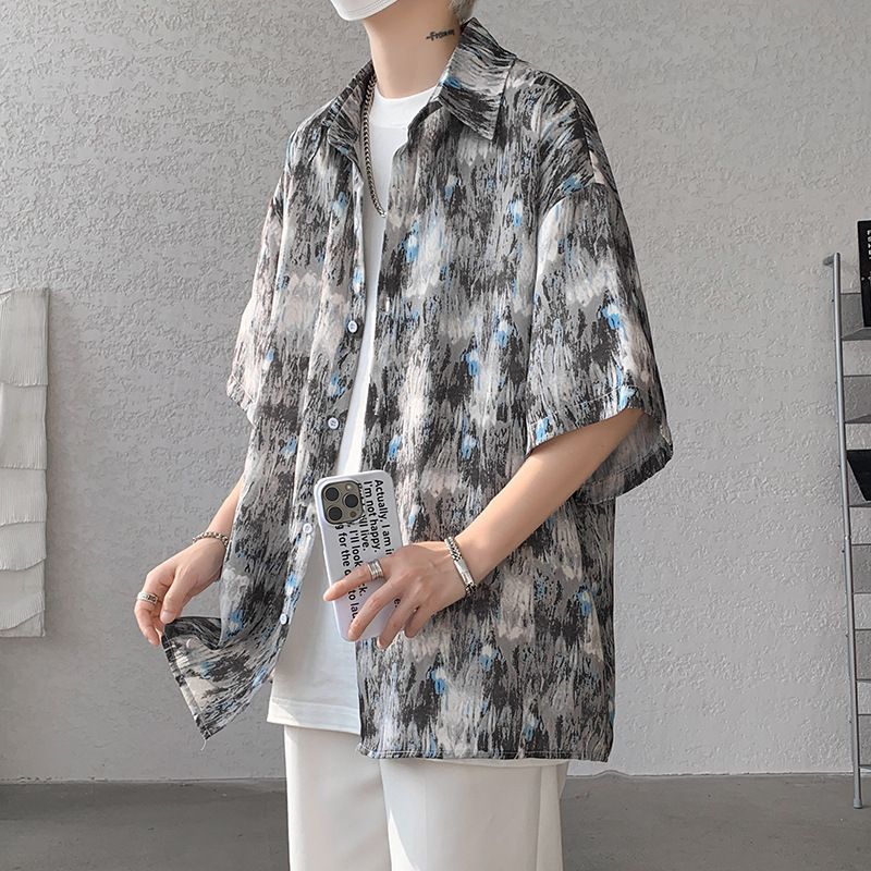 Camicia a maniche corte con effetto tie-dye Dopamine per uomo, design vintage estivo, camicia floreale, giacca in seta ghiacciata_voghion.com