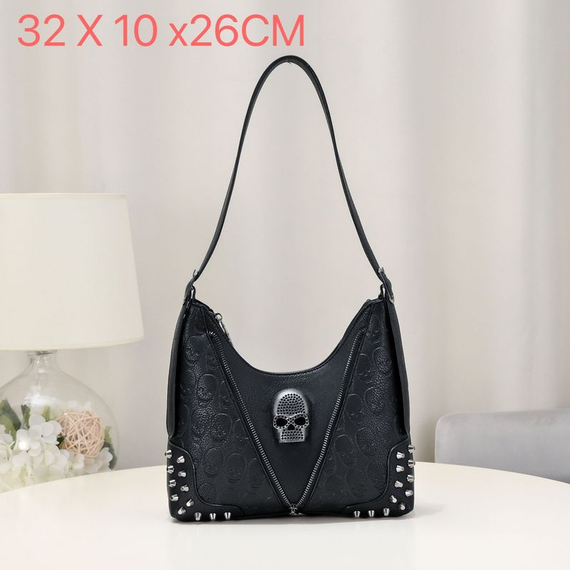 Borsa tote vintage in stile gotico da donna - Borsa a tracolla con teschio punk borchiato e tracolla regolabile - Ampia borsa da lavoro nera per l'uso quotidiano_voghion.com