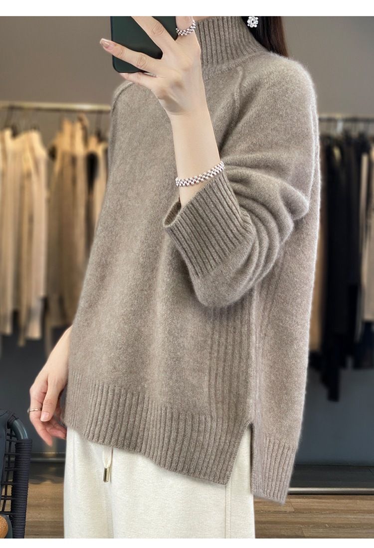 Damenbekleidung: Strickpullover mit Saum – Weiche Schafwollmischung, Pullover mit hohem Halsausschnitt, lässige, lockere Passform, einfarbiges Oberteil (Weiß, Beige, Khaki, Grau, Schwarz)_voghion.com