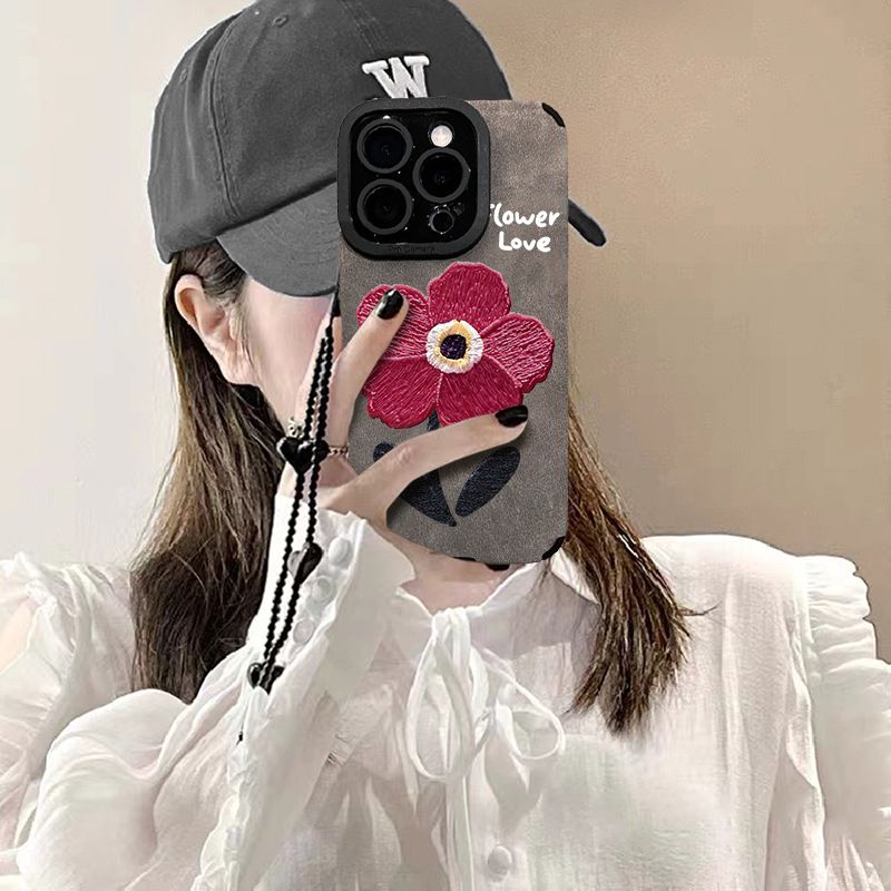 Custodia a catena con fiori rossi e pittura a olio per iPhone 16 Pro, 15/14 in silicone antiurto, 13 in pelle scamosciata, 12 al tatto_voghion.com