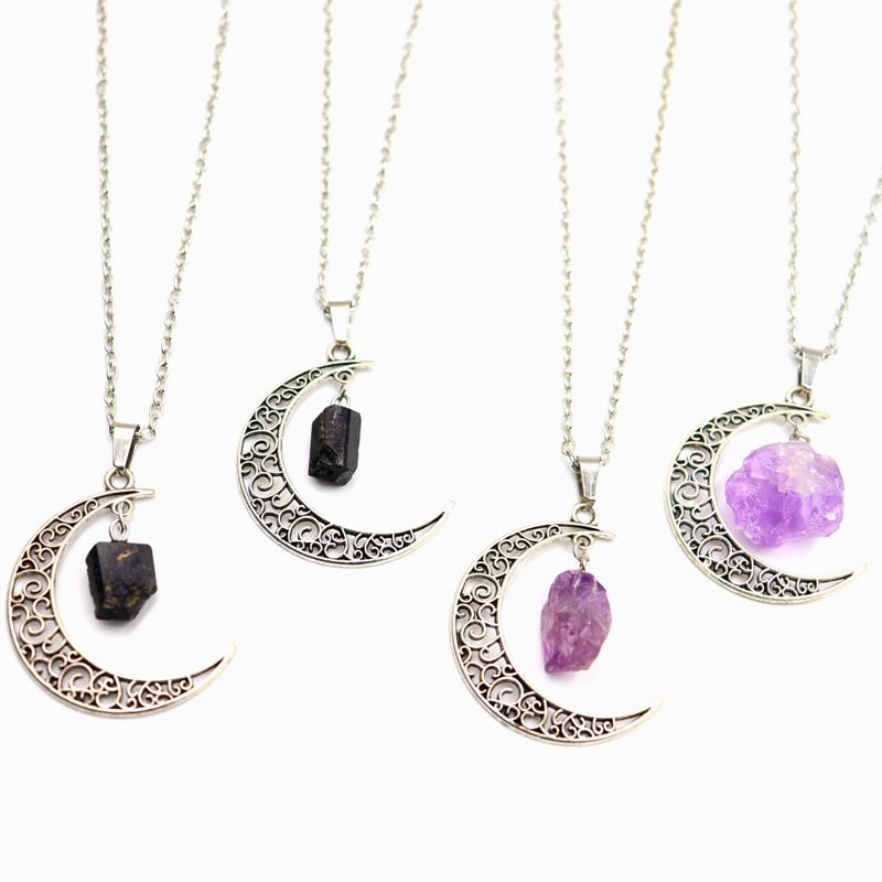 Retro Black Tourmaline & Amethyst Crystal Necklace - Starry Sky Moon Pendant With Natural Stone Sweater Chain_voghion.com