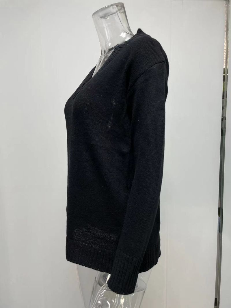 Abbigliamento da donna Maglione solido Pullover a maniche lunghe con scollo a V Top in maglia_voghion.com